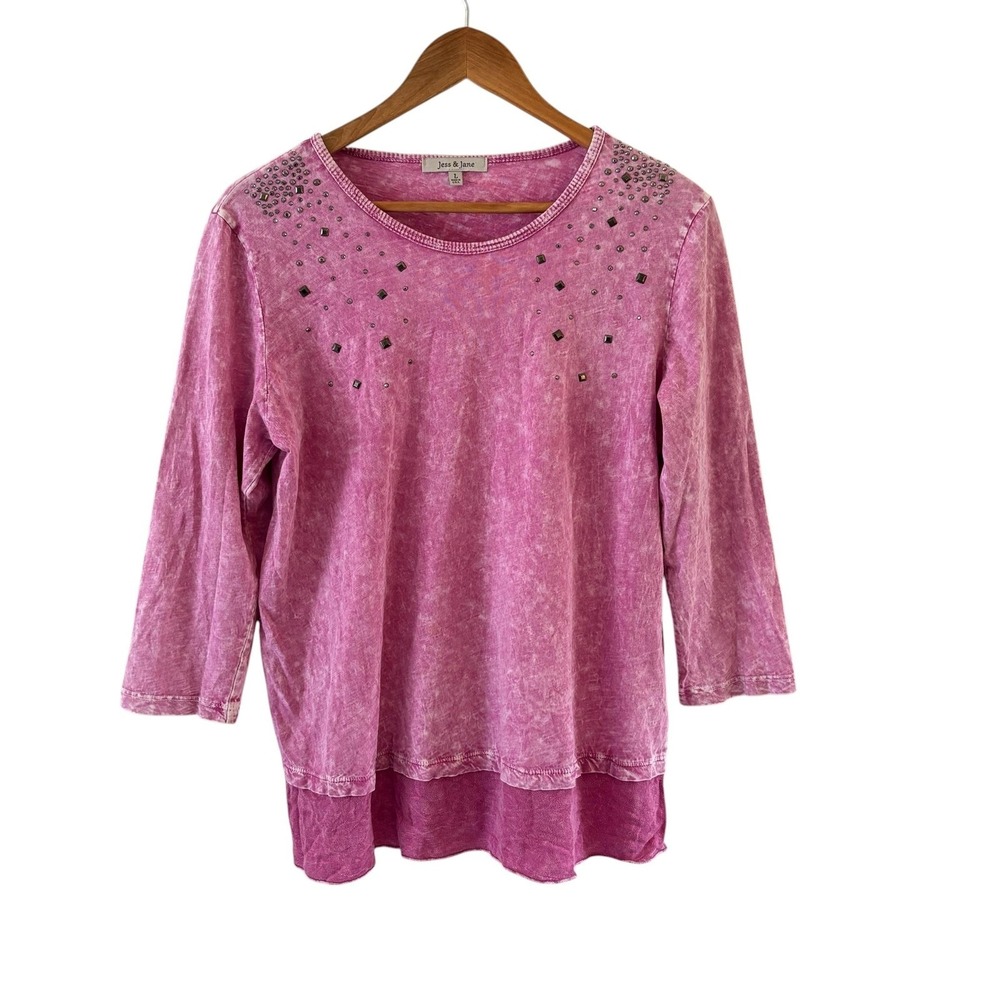 Jess & Jane Rhinestone Tunic Top Womens L Pink 3/4 Sleeve Embellished Knit